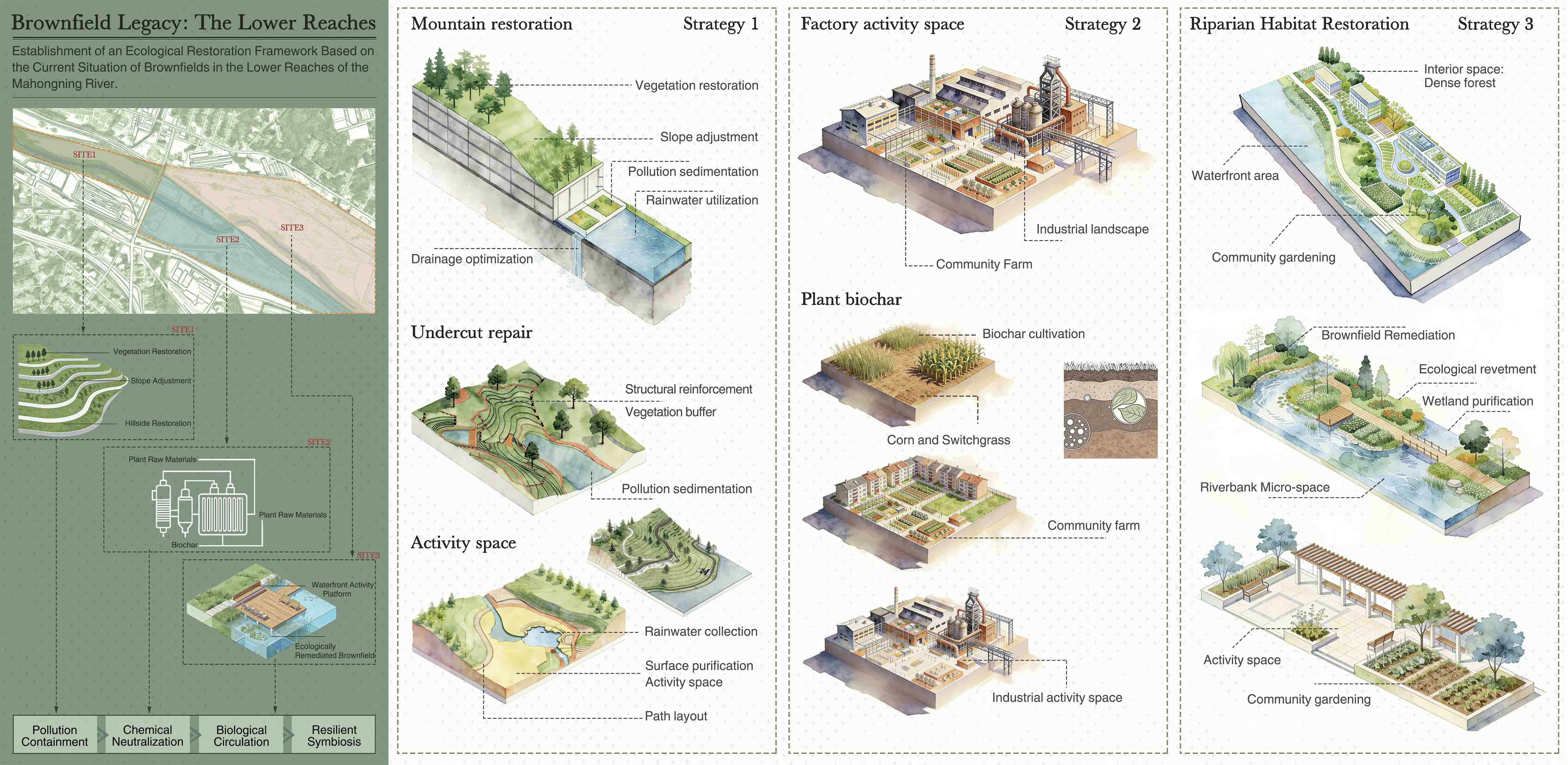 Mountain restoration, waterfront ecology and industrial brownfield
